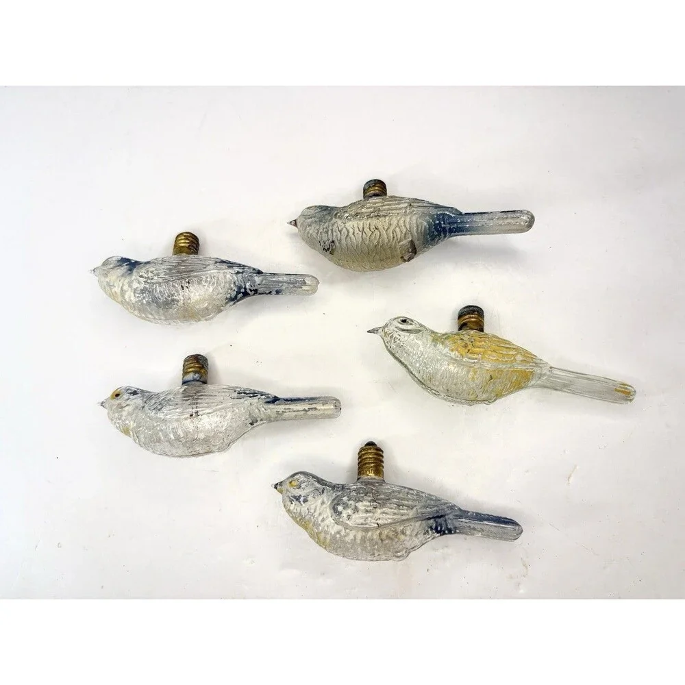 Bird Light Bulb Ornament Clear Glass Painted Blue Old• 5 Pc • Christmas Vintage